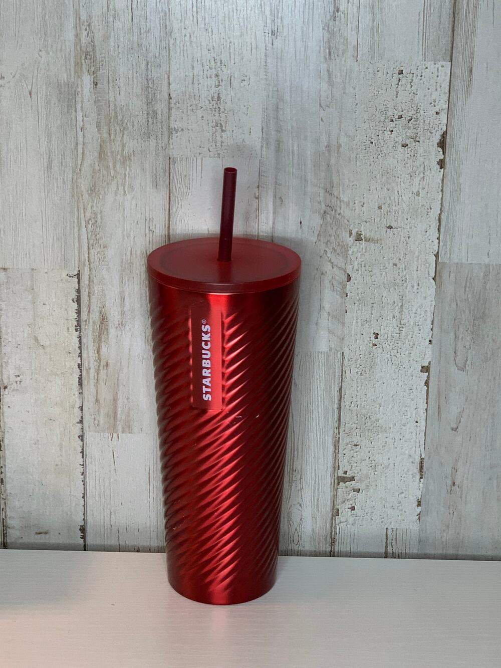 Starbucks Holiday Cold Cup Tumbler Red Metallic Swirl 24oz Lid Straw